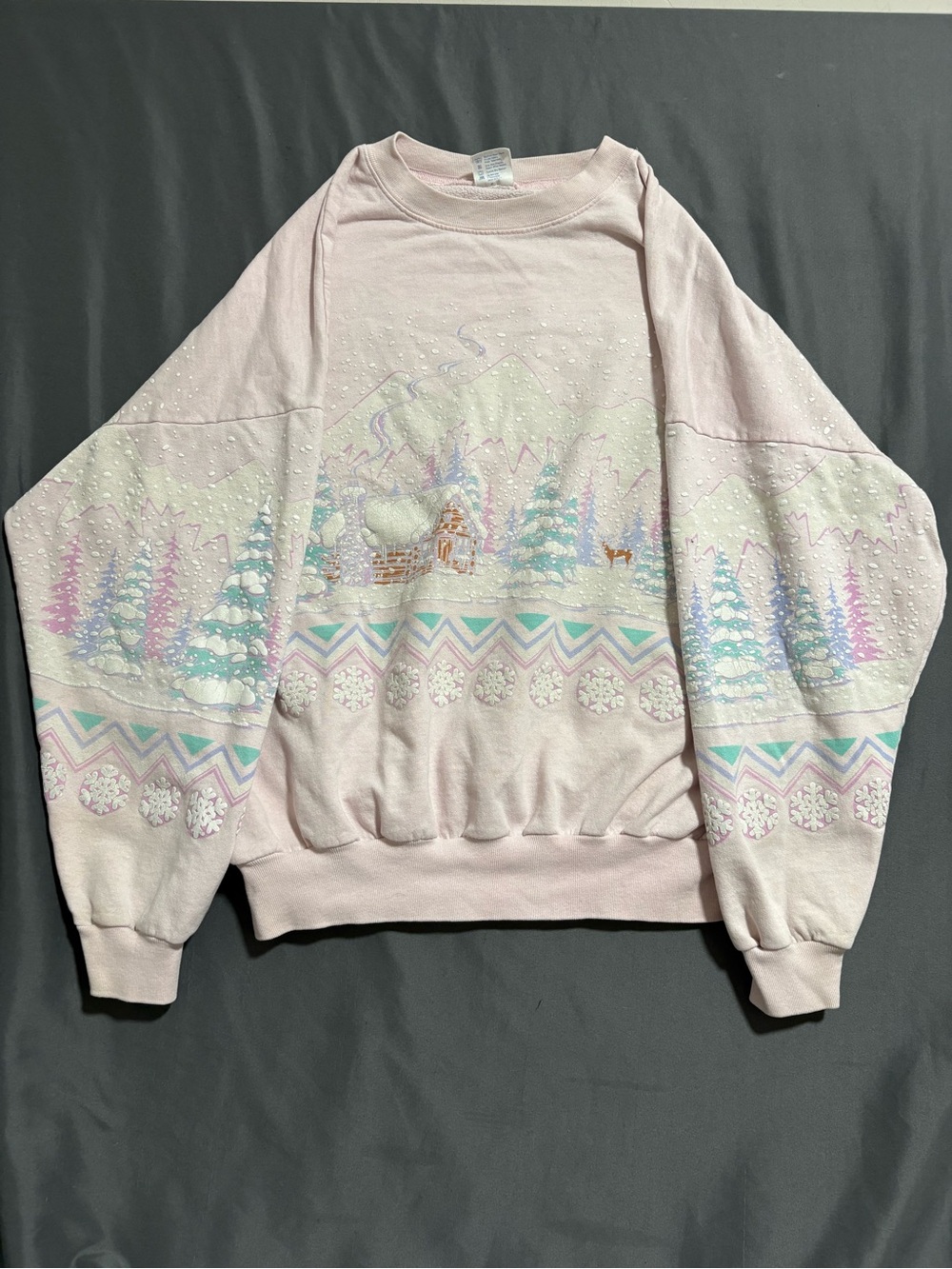 Vintage 90s Pastel Pink Winter Cabin Puffy Paint Sweatshirt XL